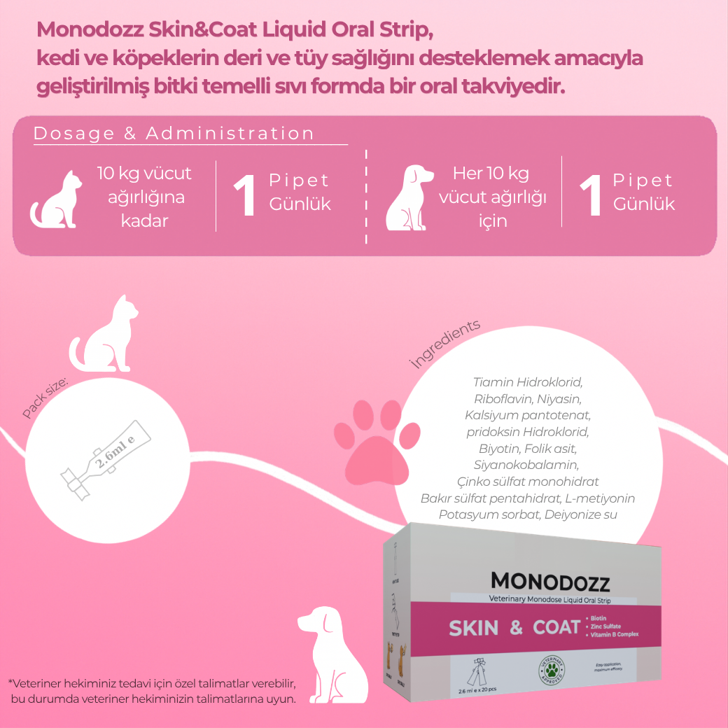 SKIN&COAT Liquid Oral Strip | Kedi Köpek Tüy Dökülmesi Önleyici Deri Sağlığı Multivitamin Oral Strip